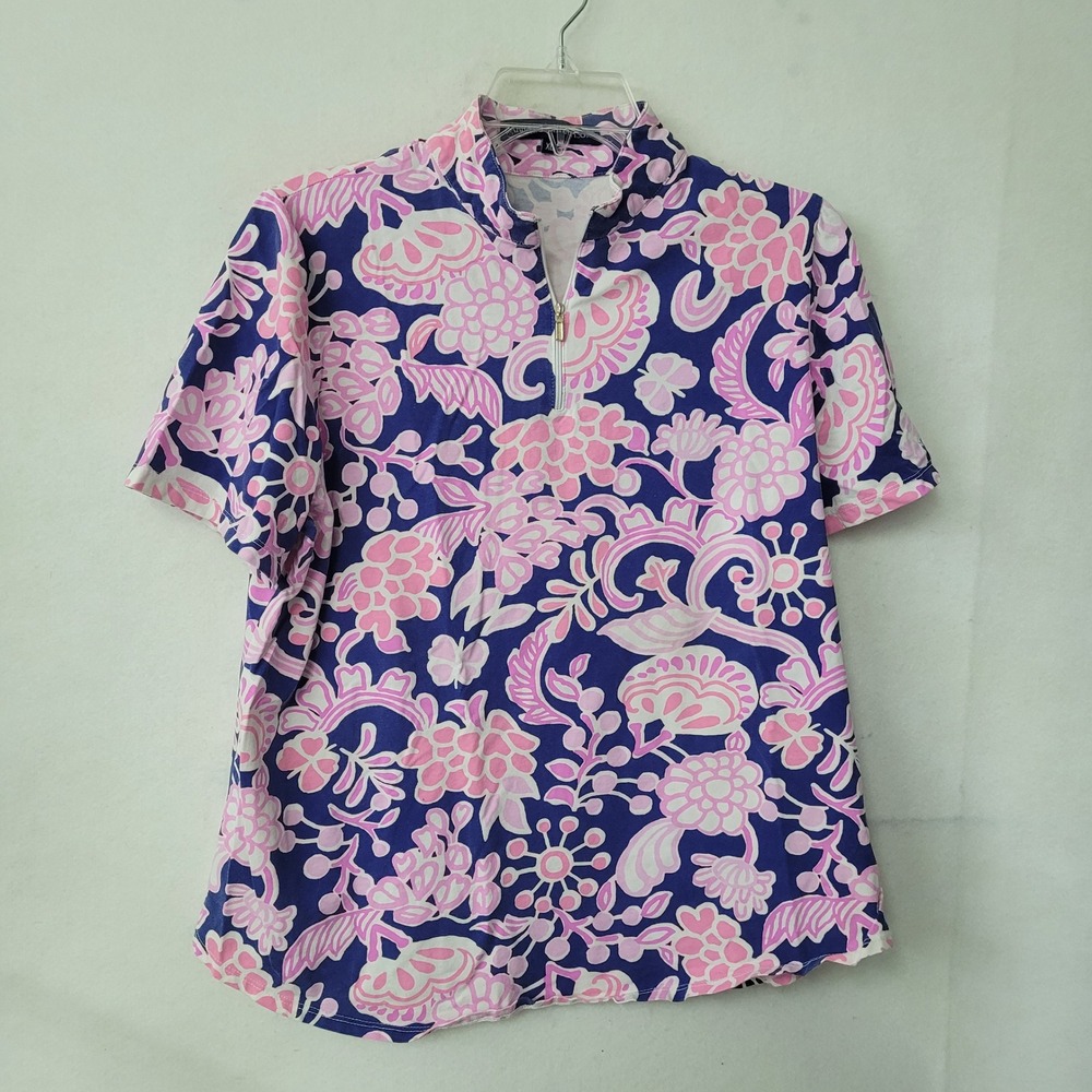 Barbara Erickson XL Floral Print Short Sleeve 1/4 Zip Pullover Blue Pink‎ Stain